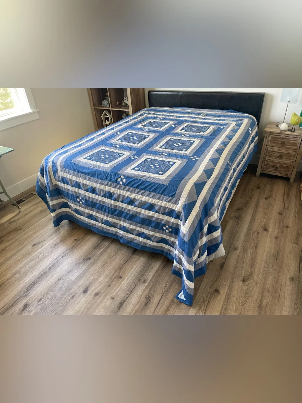 Vintage Hmong Paj Ntaub Applique Bedspread Blue White Spiral Textile 89x105”